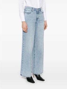 DKNY Light Blue Embellished Studded  Wide-Leg Jeans